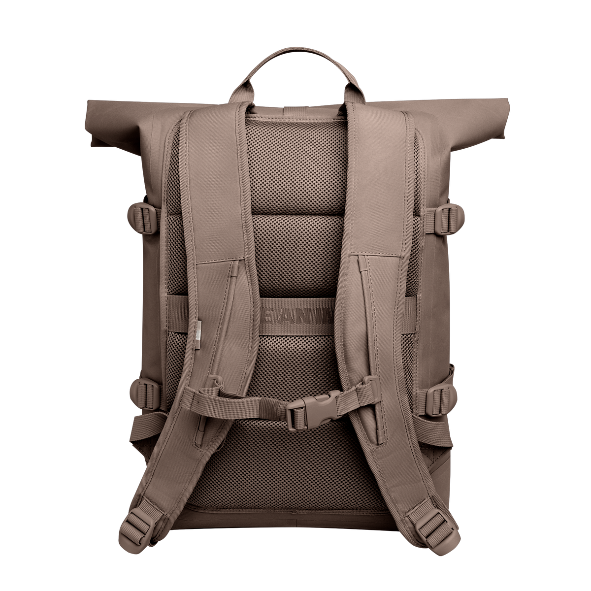 ROLLTOP MONOCHROME EDITION Rucksack in oyster (klassisches Taupe-Braun) in Rückansicht.