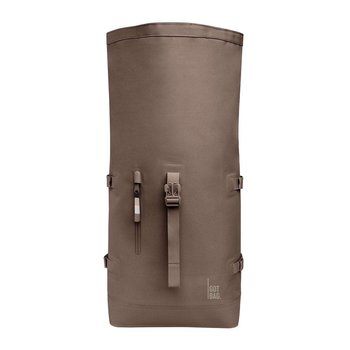 ROLLTOP 2.0 MONOCHROME EDITION Rucksack in oyster (klassisches Taupe-Braun) in Frontansicht.