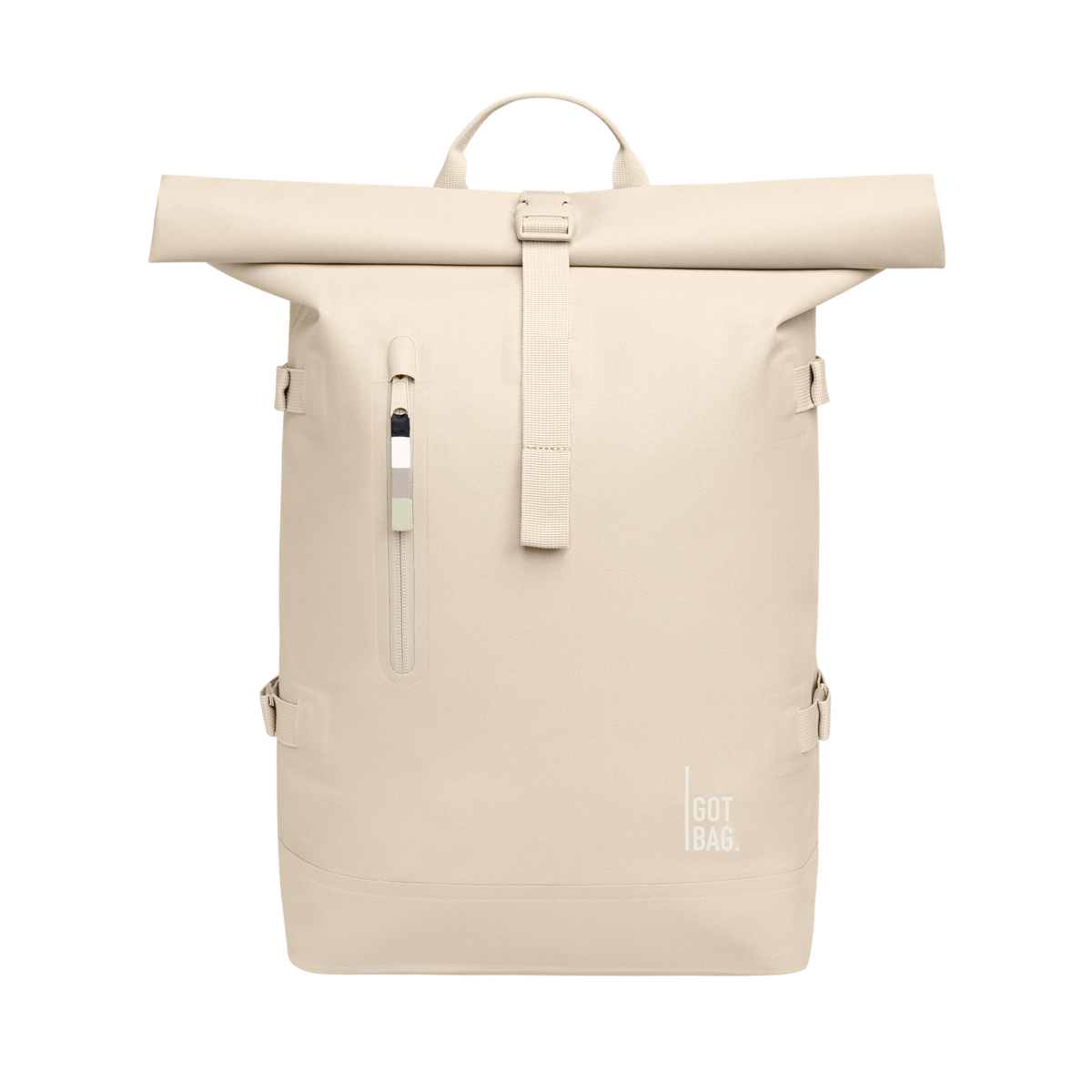 ROLLTOP backpack in salt (warm cream white) as a studio shot in front view.