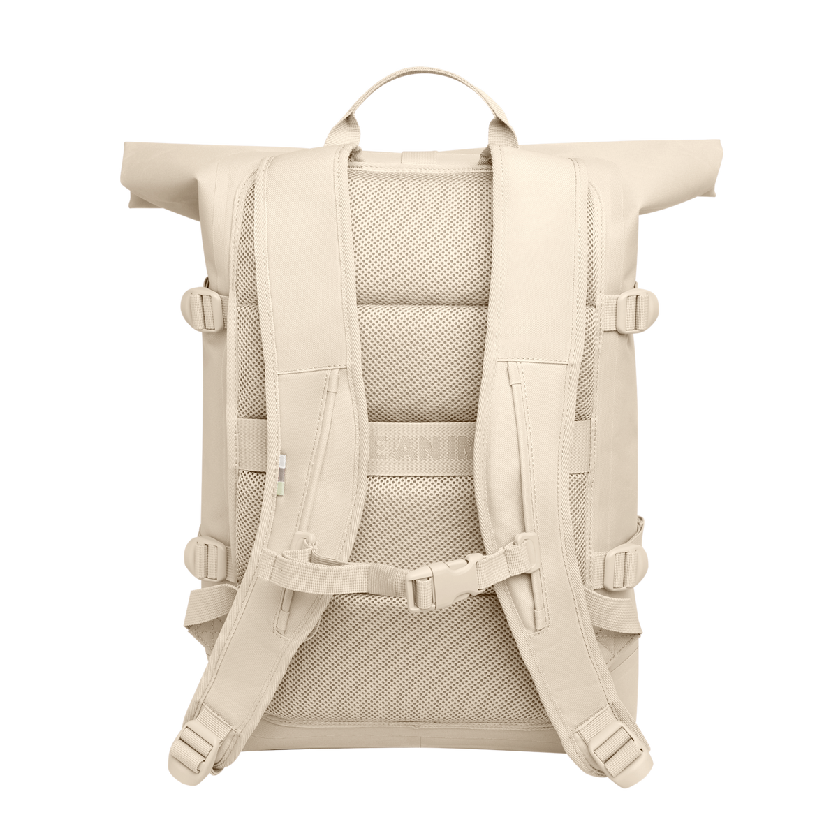 ROLLTOP 2.0 MONOCHROME EDITION Rucksack in salt (warmes Cremeweiß) als Rückenansicht.