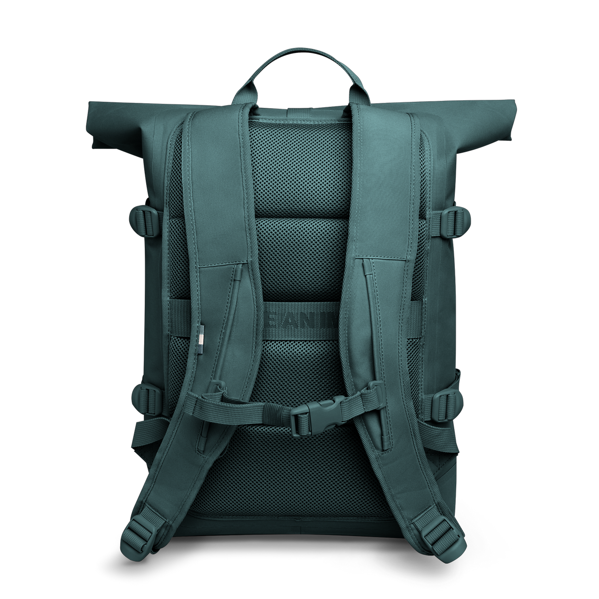 ROLLTOP 2.0 MONOCHROME EDITION Rucksack in sea teal (kühles Türkisgrün) in Rückenansicht.