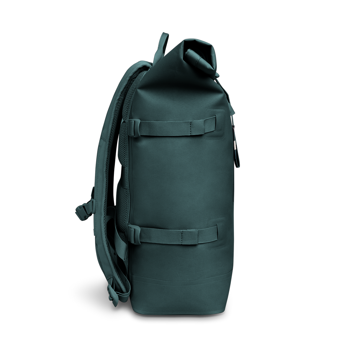 ROLLTOP Rucksack in sea teal (kühles Türkisgrün) als Seitenansicht.