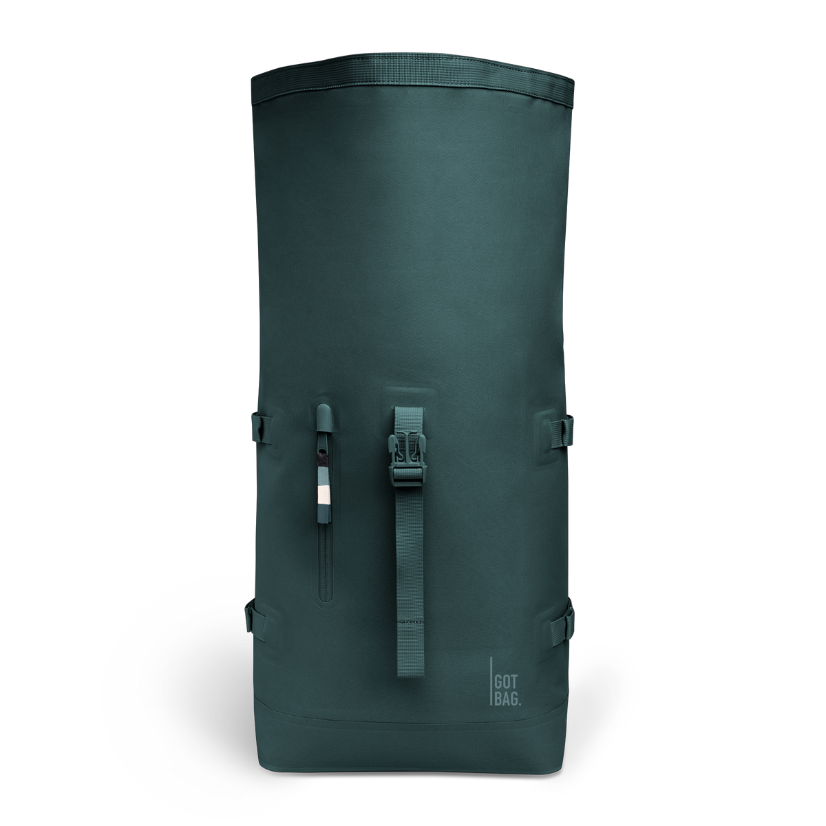 ROLLTOP Rucksack in sea teal (kühles Türkisgrün) in Frontansicht.