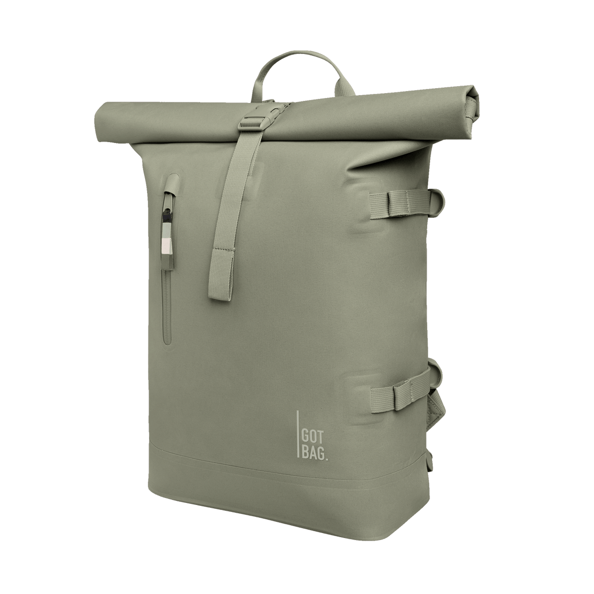 ROLLTOP Rucksack in seabed (helles Olivgrün) in diagonaler Ansicht.