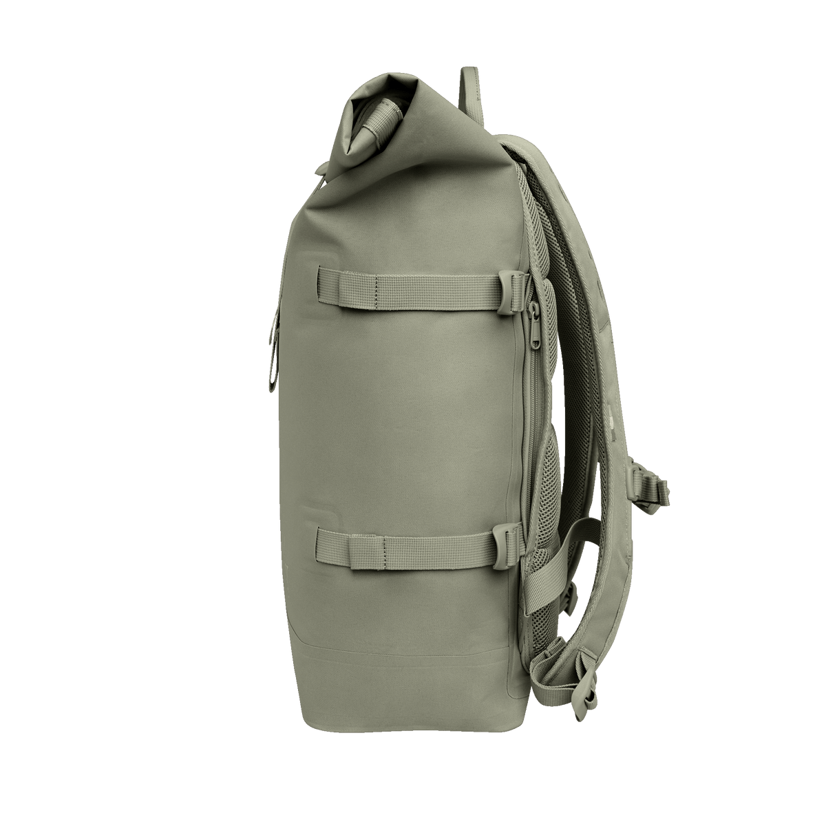 ROLLTOP 2.0 MONOCHROME EDITION Rucksack in seabed (helles Olivgrün) als Seitenansicht.