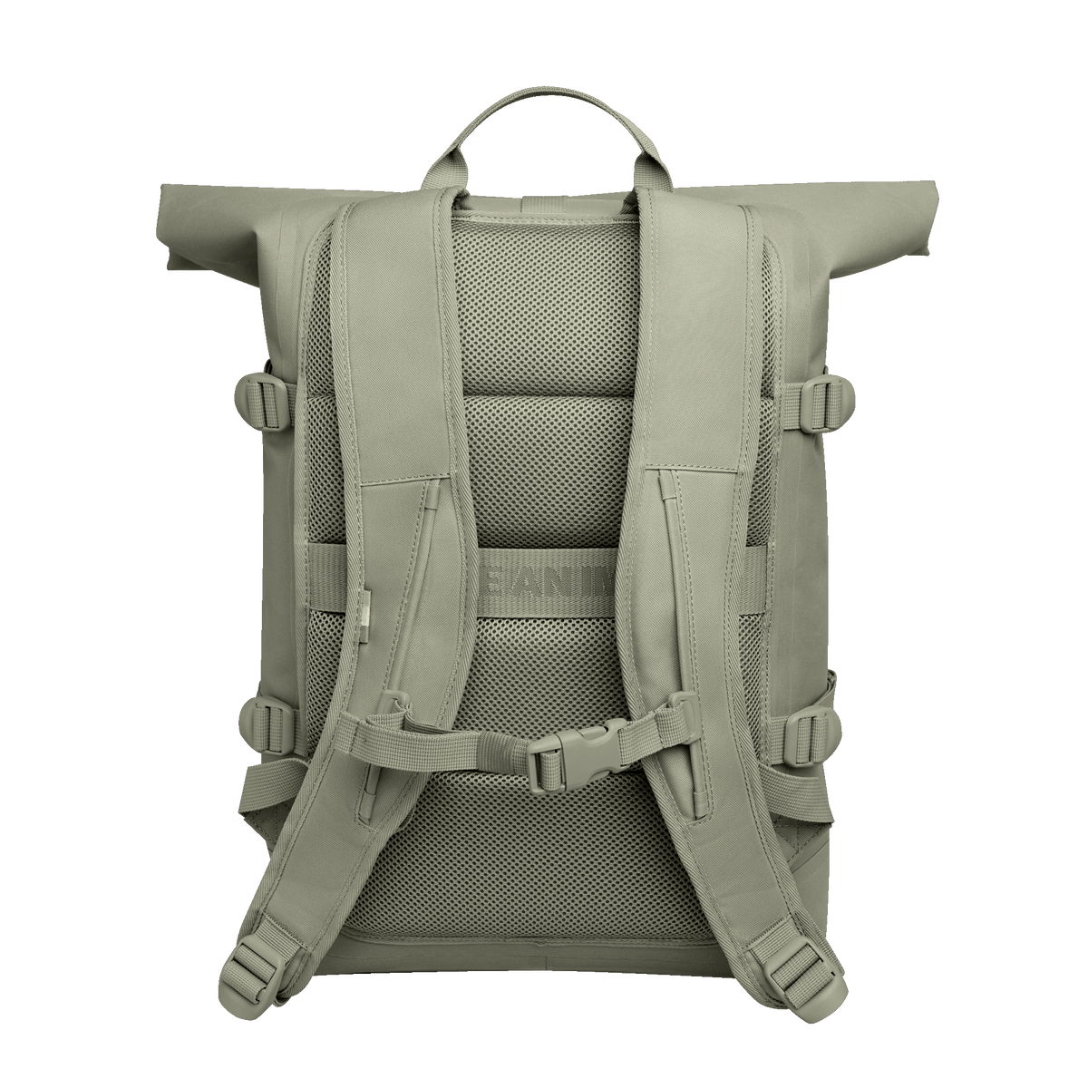 ROLLTOP Rucksack in seabed (helles Olivgrün) als Rückenansicht.
