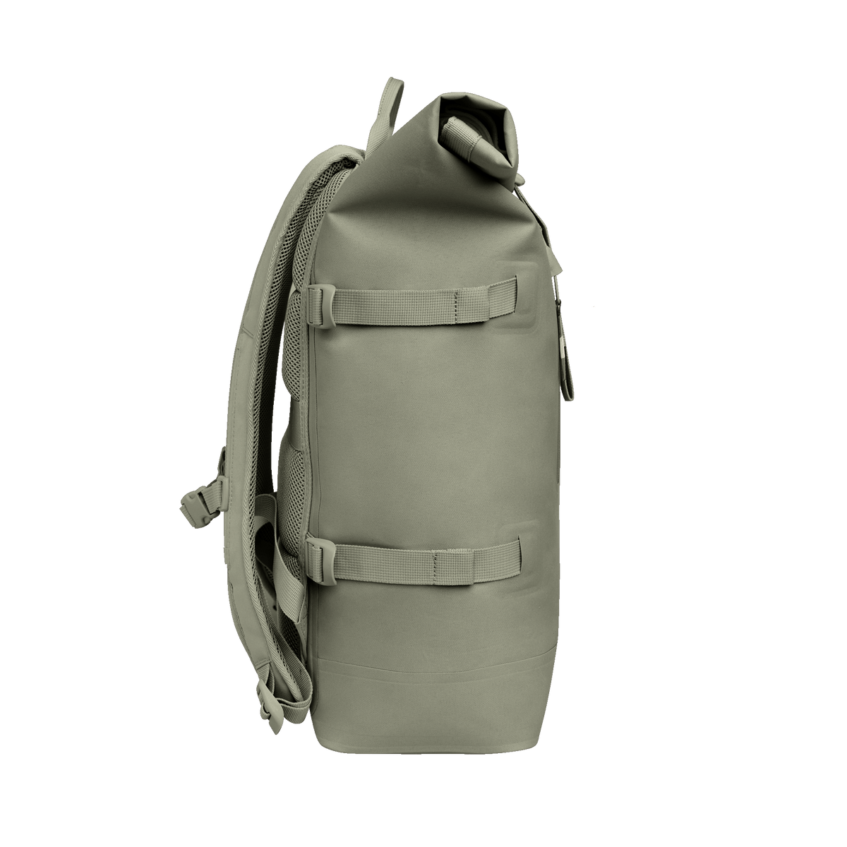 ROLLTOP 2.0 MONOCHROME EDITION Rucksack in seabed (helles Olivgrün) in Seitenansicht.