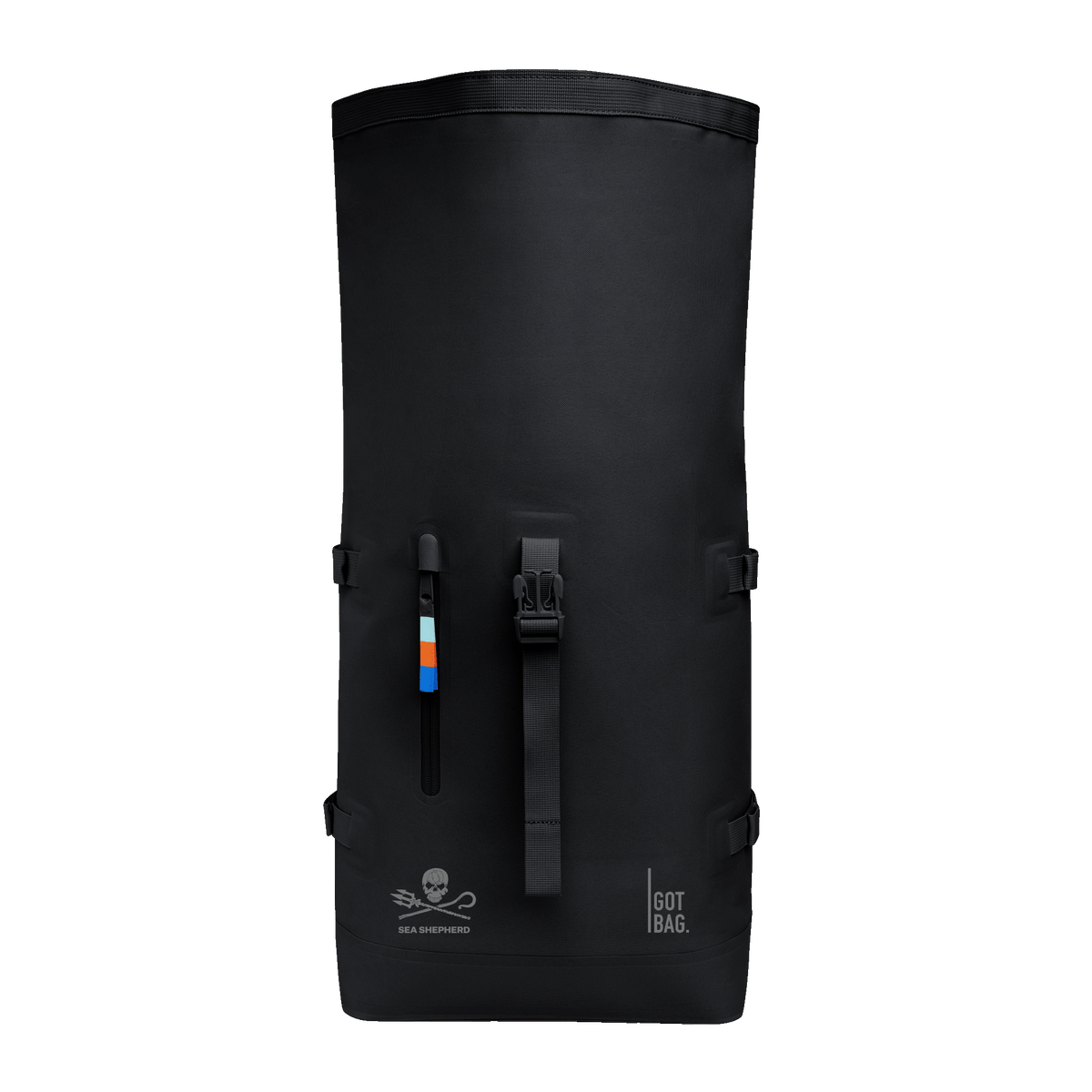 ROLLTOP Rucksack in black (Schwarz) in Frontansicht.