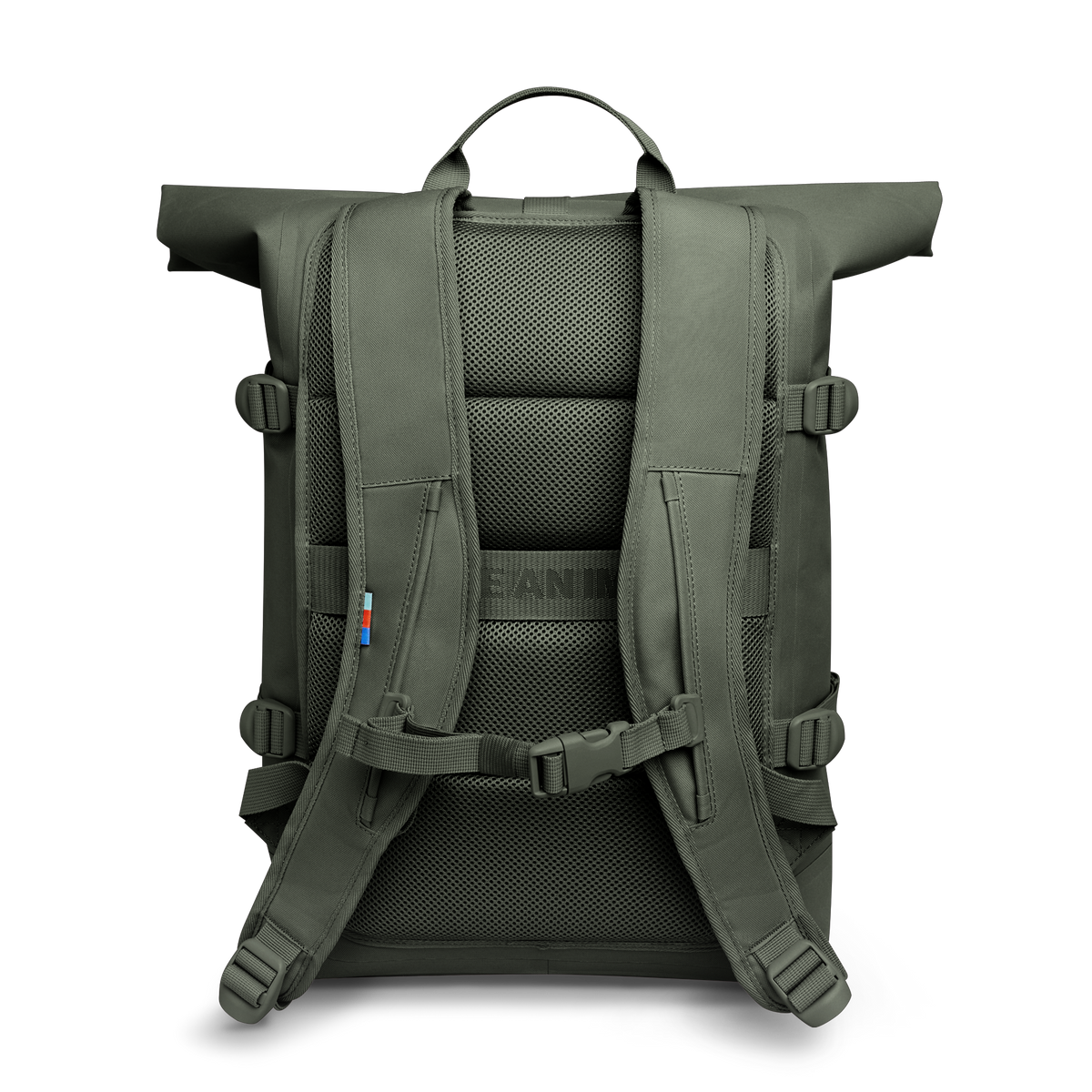 ROLLTOP Rucksack in algae (Dunkelgrün mit Graustich) in Rückenansicht.