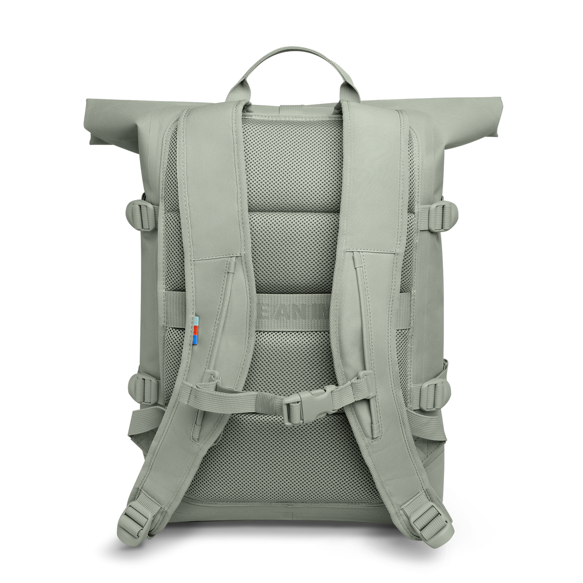 ROLLTOP Rucksack in bass (Salbeigrün) in Rückansicht.
