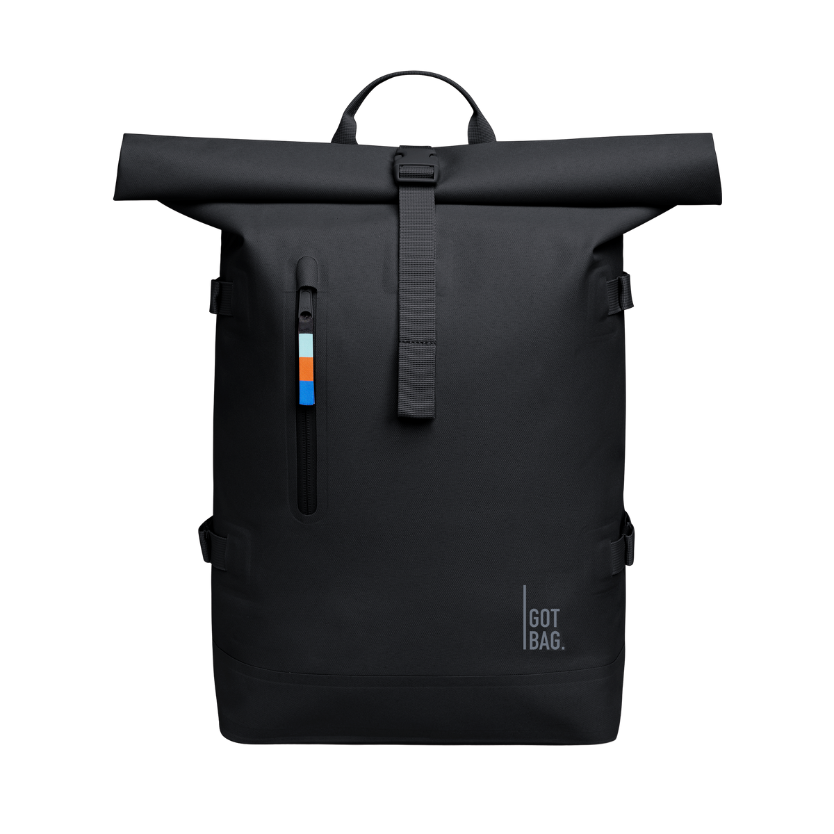 ROLLTOP backpack in black (classic black) as studio shot in front view.