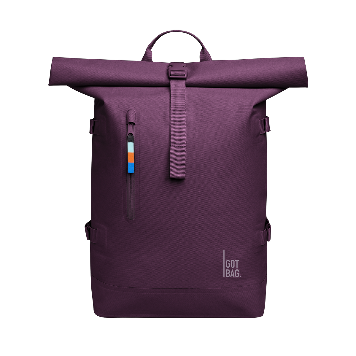 ROLLTOP backpack in favia (warm dark purple / plum colors) as a studio shot in front view.