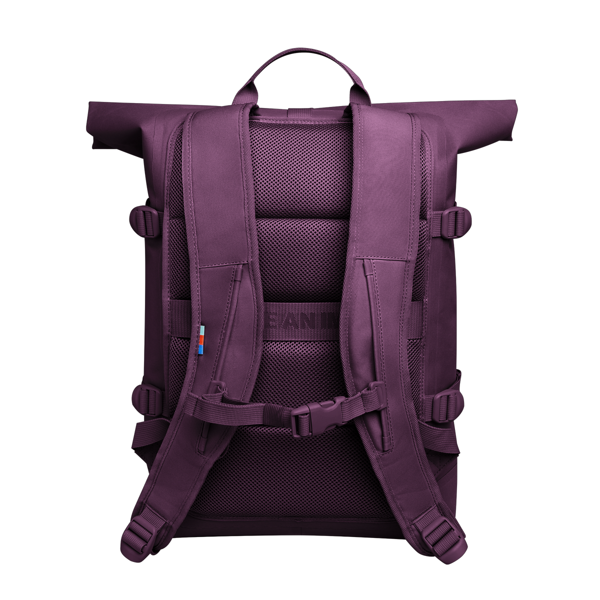 ROLLTOP Rucksack in favia (warmes Dunkellila / Pflaumenfarben) in Rückansicht.