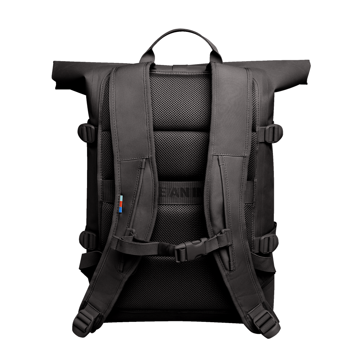 ROLLTOP Rucksack in mussel (dunkles Braun-Grau) als Rückansicht.