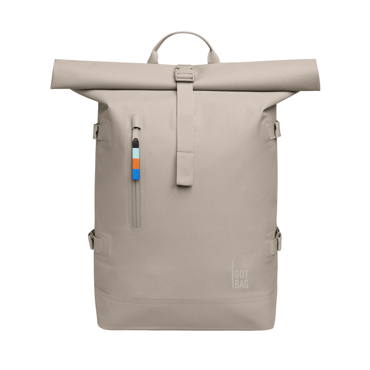 ROLLTOP backpack in scallop (light beige) as studio shot in front view.