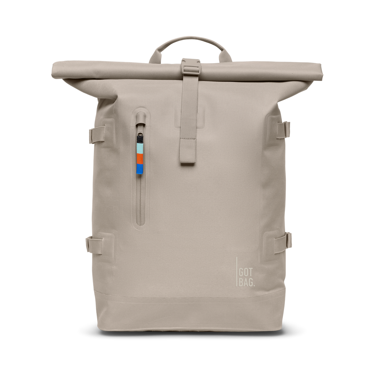 ROLLTOP Rucksack in scallop (helles Beige) als Studioaufnahme in Frontansicht.