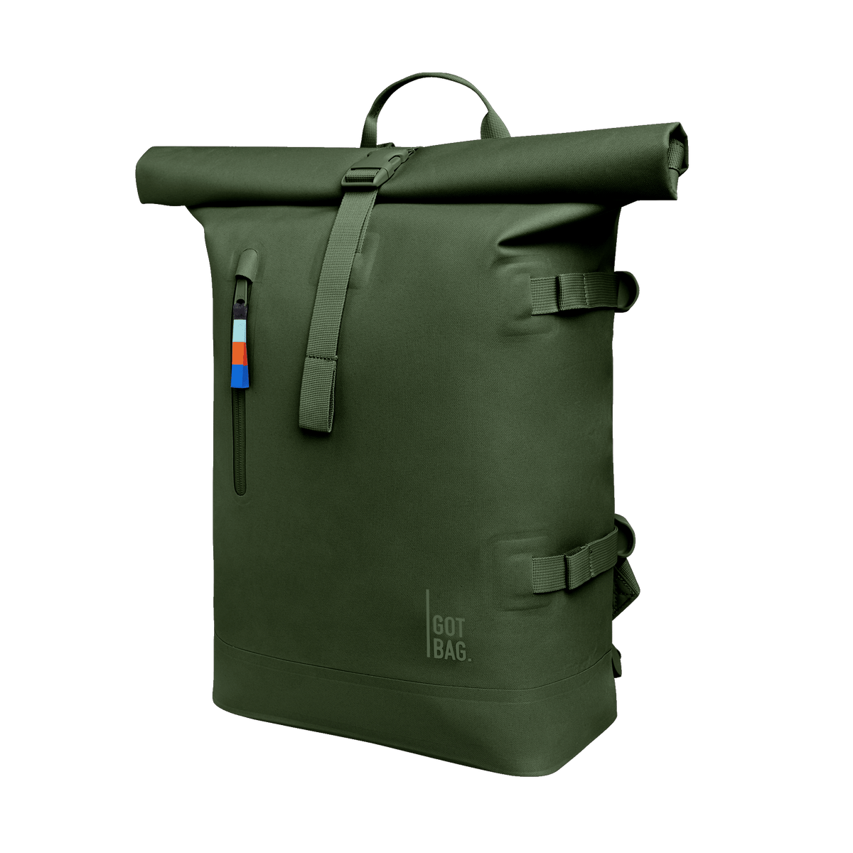 ROLLTOP Rucksack in seafloor (tiefes Dunkelgrün) in diagonaler Ansicht.