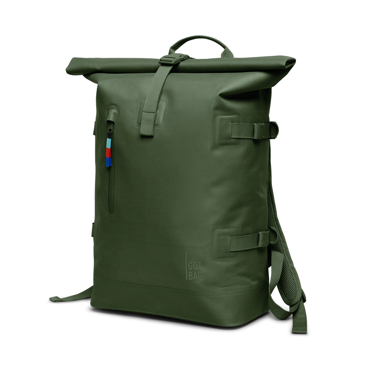 ROLLTOP Rucksack in seafloor (tiefes Dunkelgrün) als Studioaufnahme in Schrägansicht.