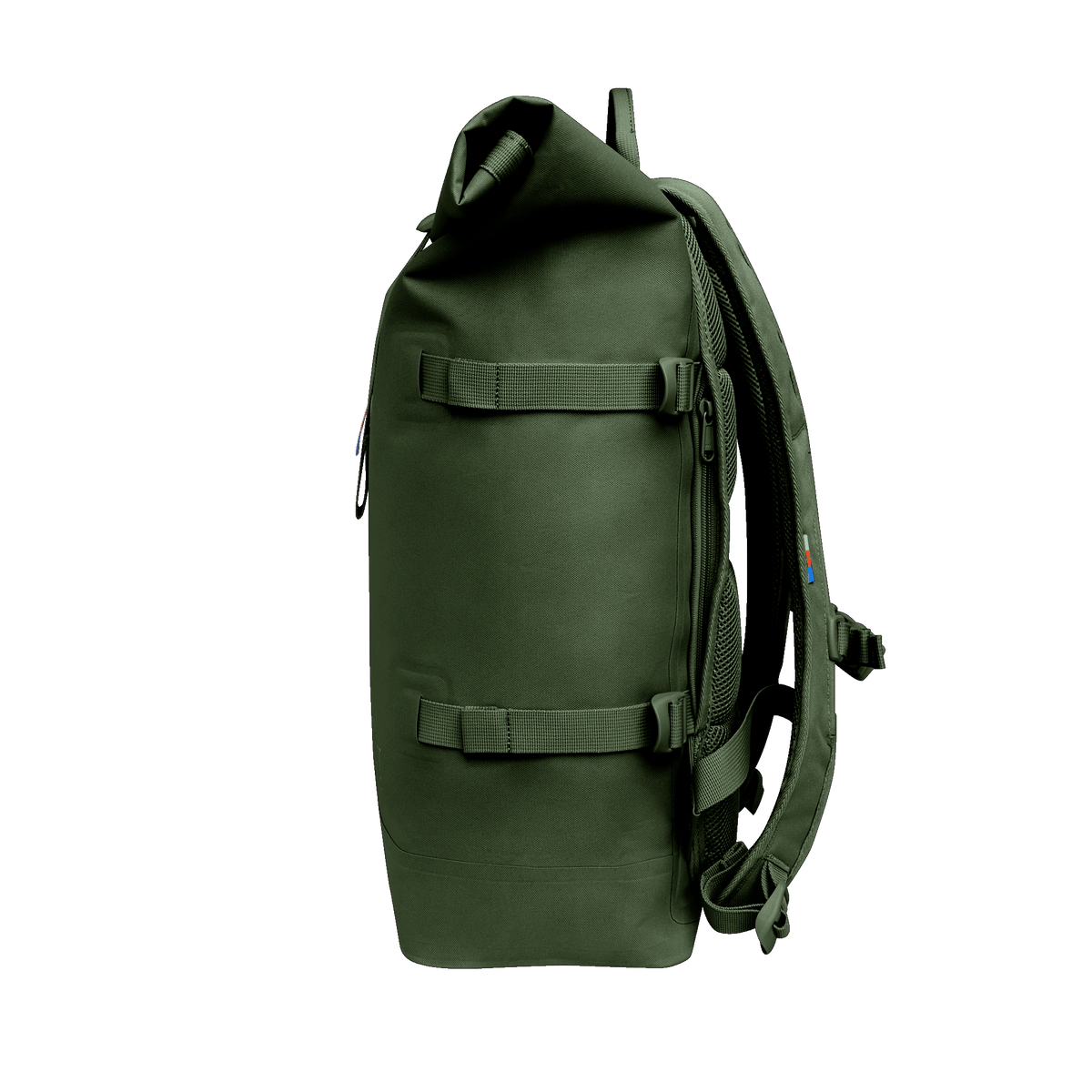 ROLLTOP Rucksack in seafloor (tiefes Dunkelgrün) in Seitenansicht.