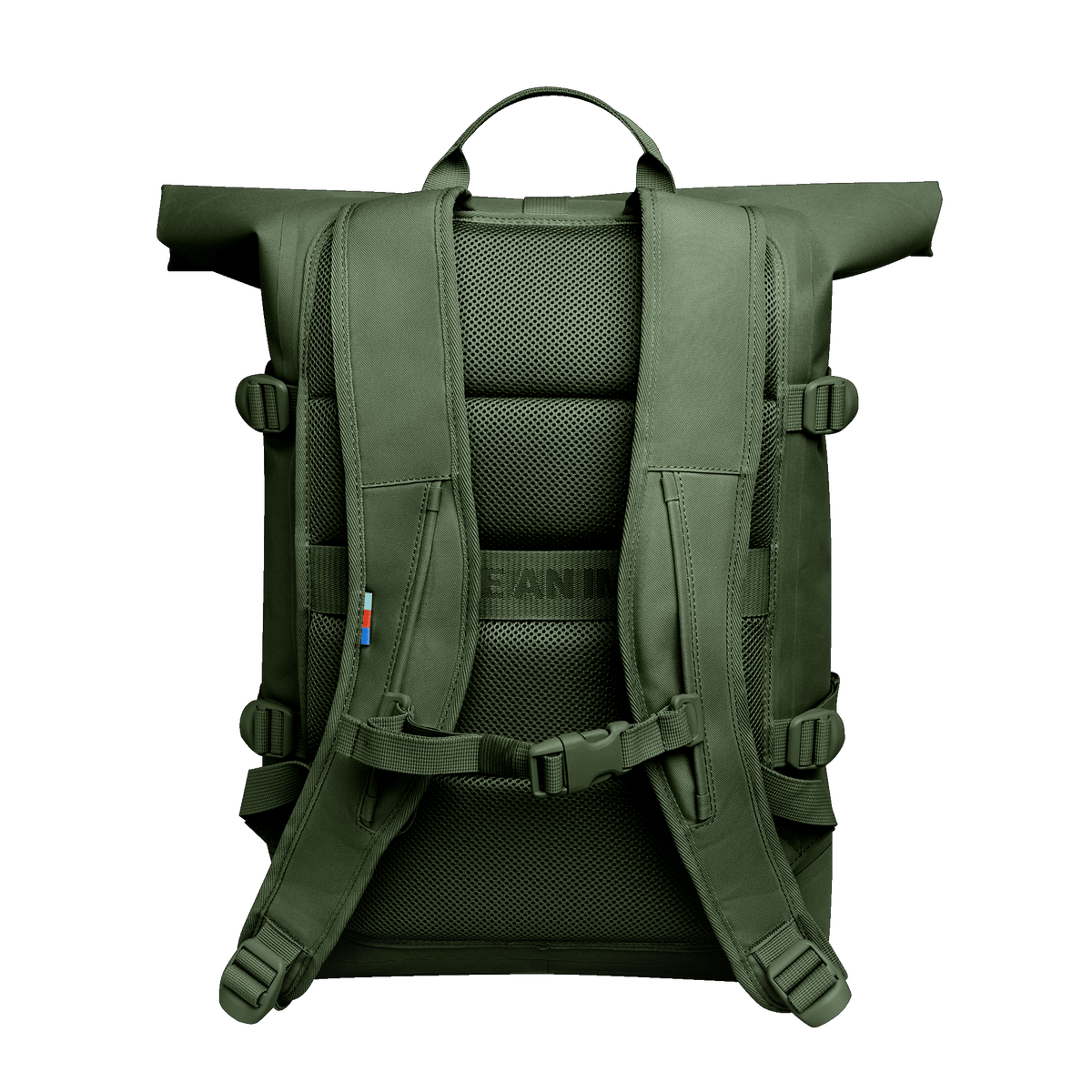 ROLLTOP Rucksack in seafloor (tiefes Dunkelgrün) in Rückansicht.