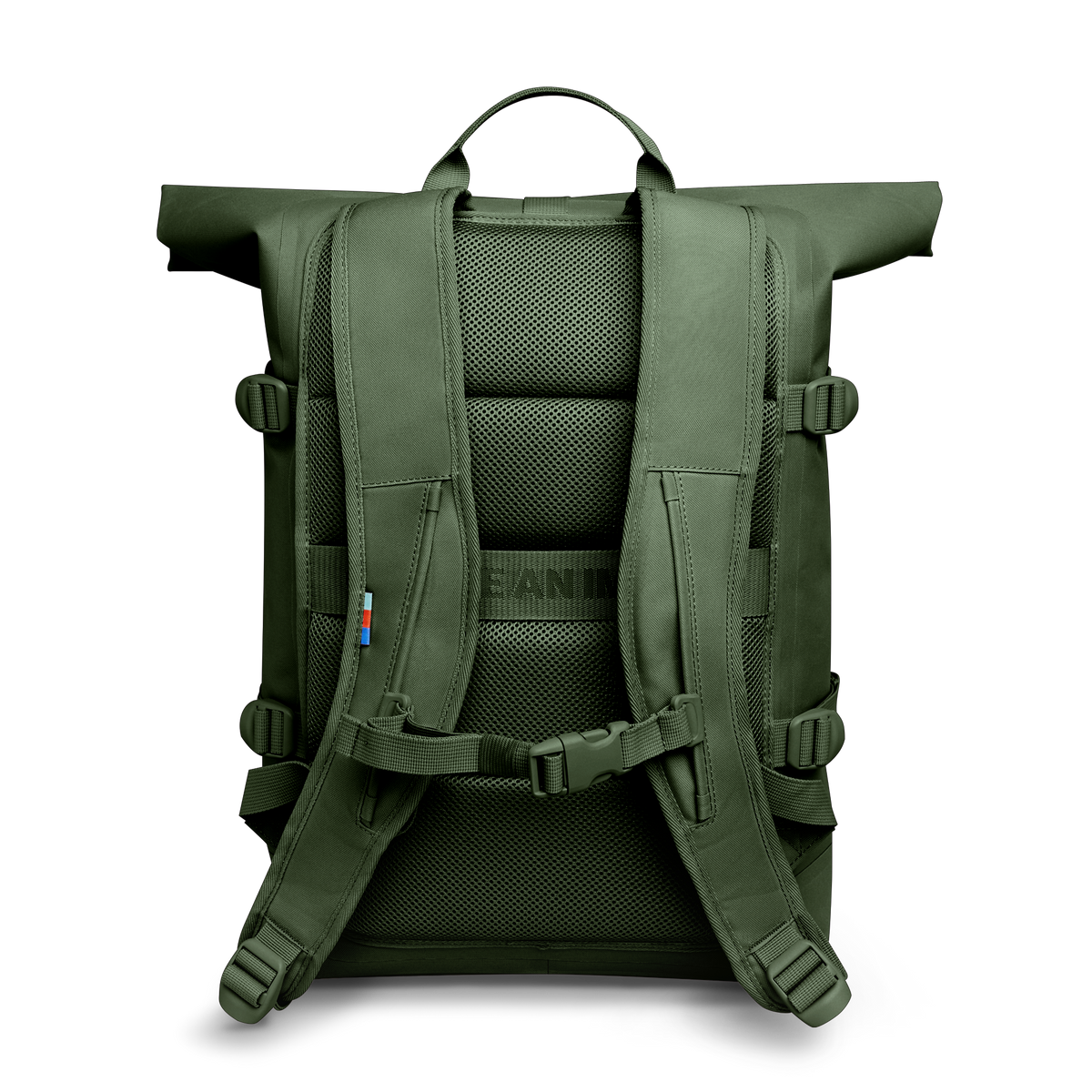 ROLLTOP Rucksack in seafloor (tiefes Dunkelgrün) in Rückansicht.