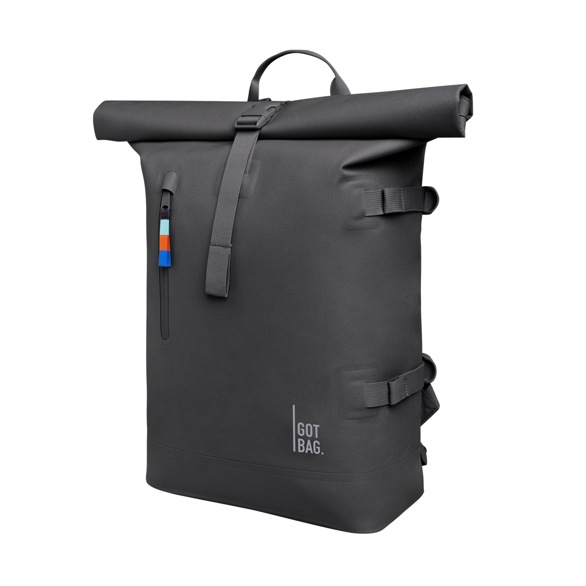 ROLLTOP Rucksack in shark (Dunkelgrau) als Schrägansicht.
