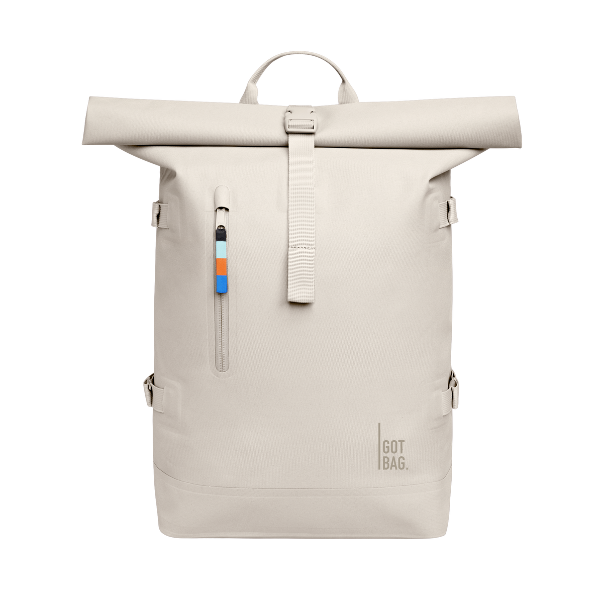 ROLLTOP Rucksack in soft shell (warmes Cremeweiß) als Studioaufnahme in Frontansicht.