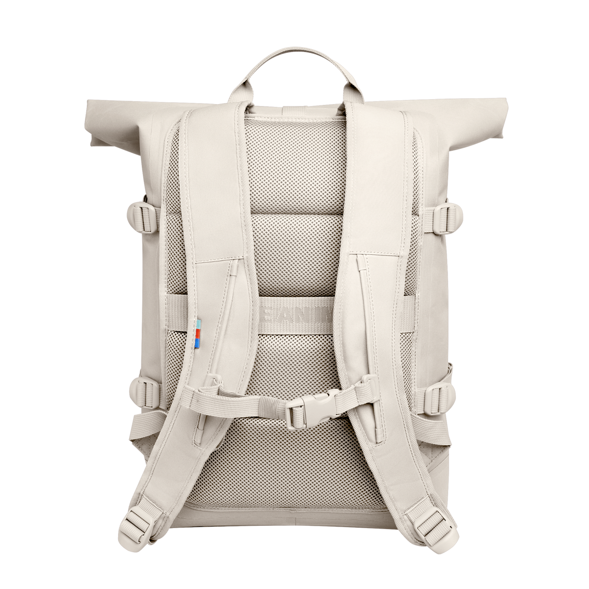 ROLLTOP 2.0 Rucksack in soft shell (warmes Cremeweiß) in Rückenansicht.