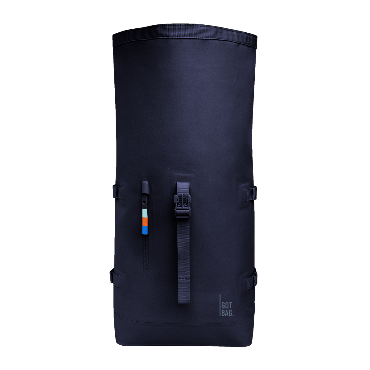 ROLLTOP Rucksack in tide (tiefes Dunkelblau mit Lilastich) als Studioaufnahme in Frontansicht.