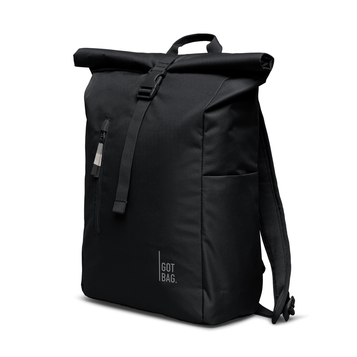 ROLLTOP EASY Rucksack in black (Schwarz) mit Schnallenverschluss, diagonale Ansicht.