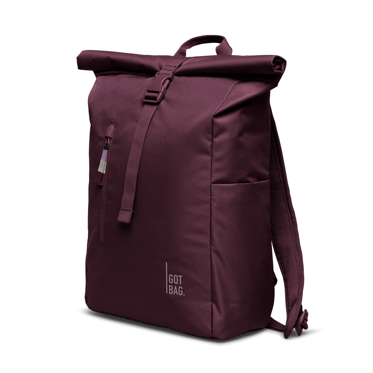 ROLLTOP EASY Rucksack in kraken (Weinrot) als Studioaufnahme in diagonaler Ansicht.