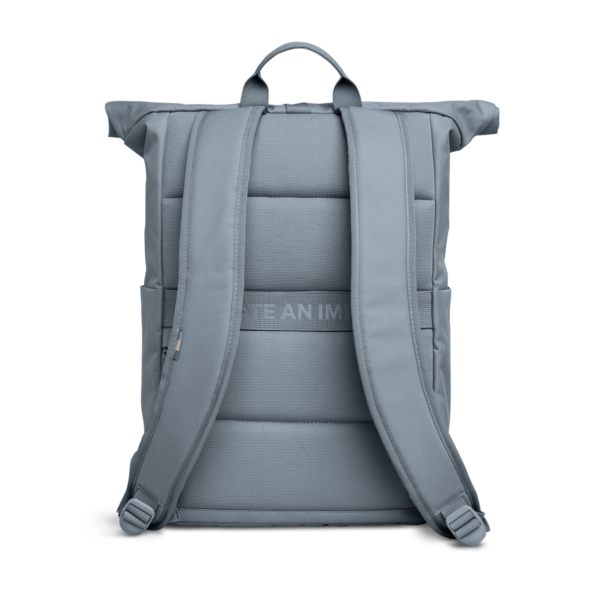 ROLLTOP EASY Monochrome Edition Rucksack in marlin (grau-blau) in Rückansicht.
