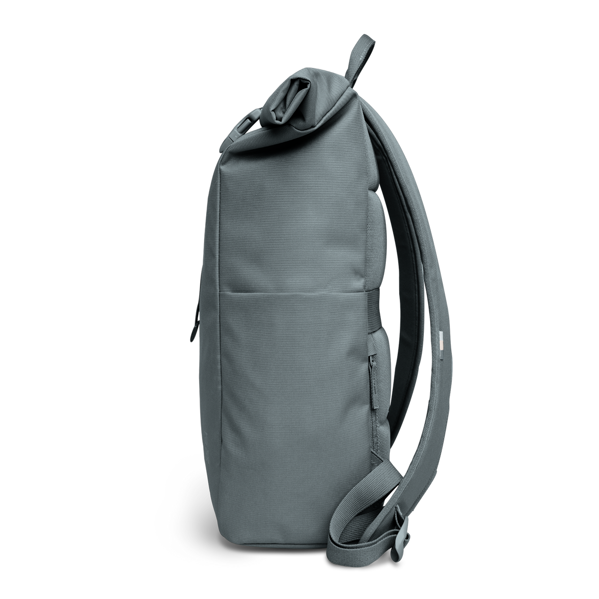 ROLLTOP EASY Rucksack in basalt (graues Eisblau) als Seitenansicht.