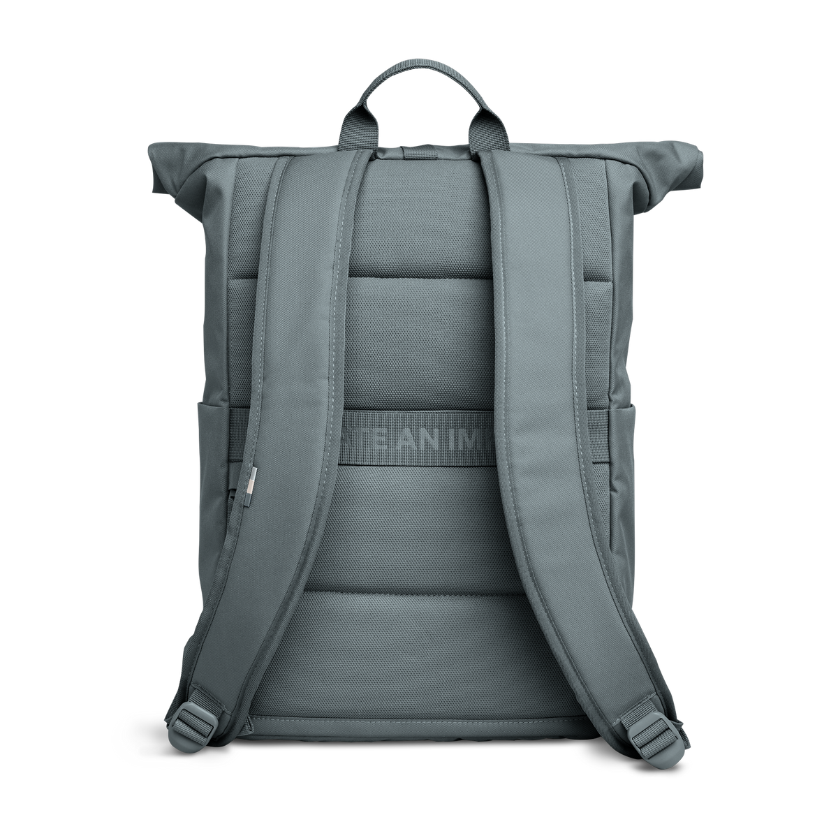 ROLLTOP EASY Rucksack in basalt (graues Eisblau) als Studioaufnahme in Rückansicht.