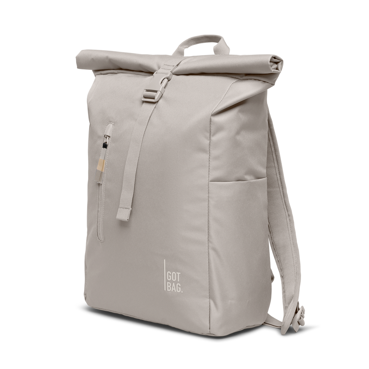 ROLLTOP EASY Rucksack in clam (helles, warmes Grau) in diagonaler Ansicht.
