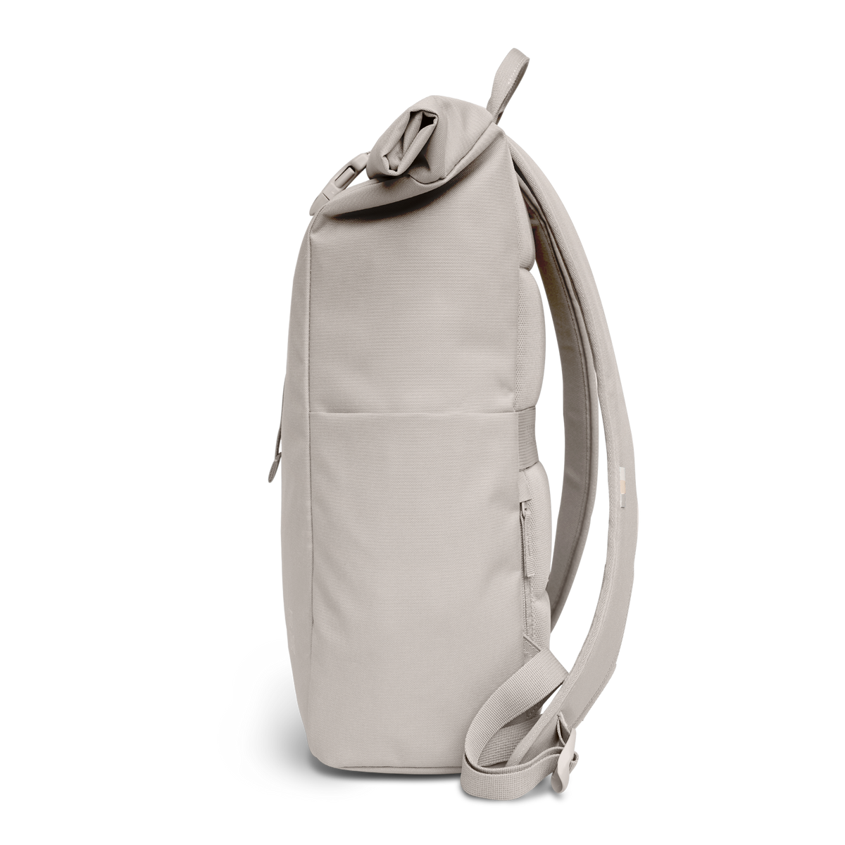 ROLLTOP EASY Rucksack in clam (helles, warmes Grau) als Seitenansicht.