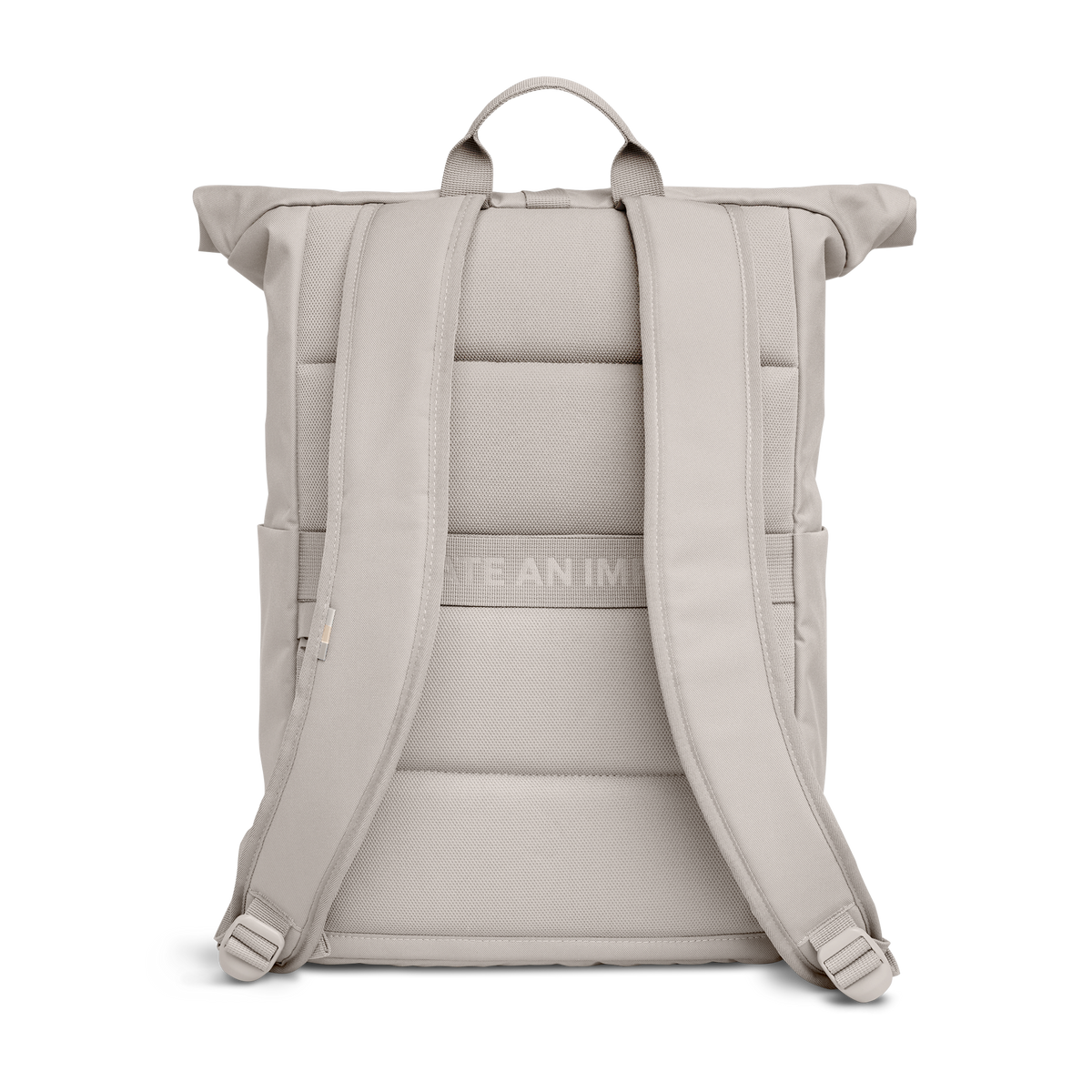 ROLLTOP EASY Rucksack in clam (helles, warmes Grau) in Rückenansicht.