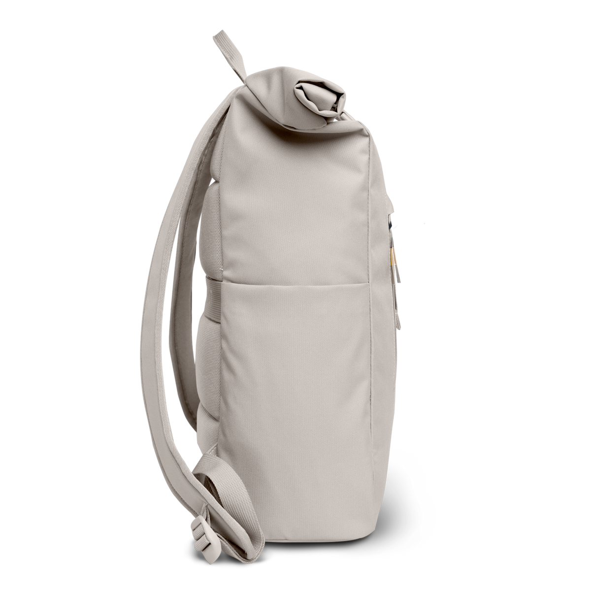 ROLLTOP EASY Rucksack in clam (helles, warmes Grau) als Seitenansicht.