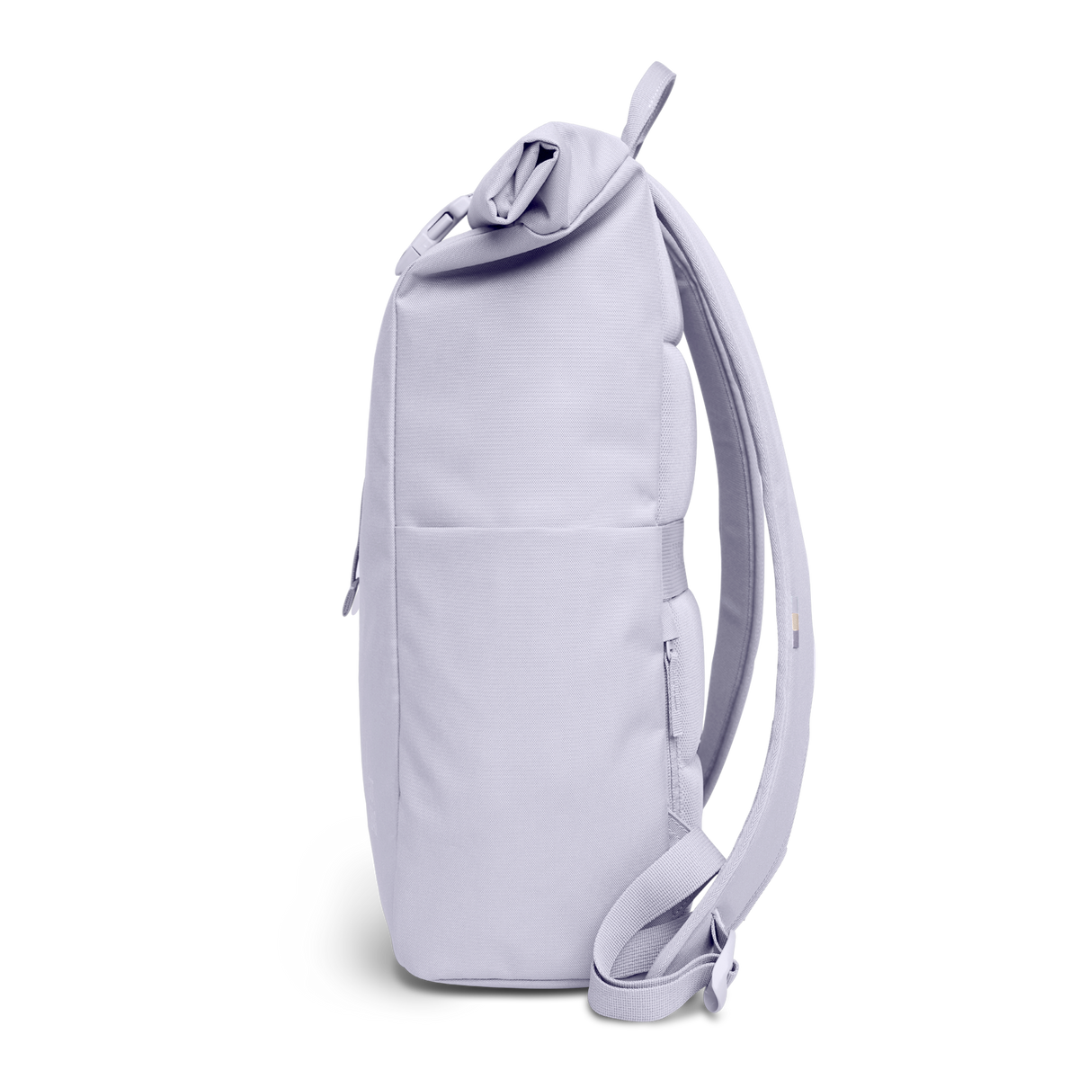 ROLLTOP EASY Rucksack in purple coral (pastellfarbenes helles Flieder) als Seitenansicht.