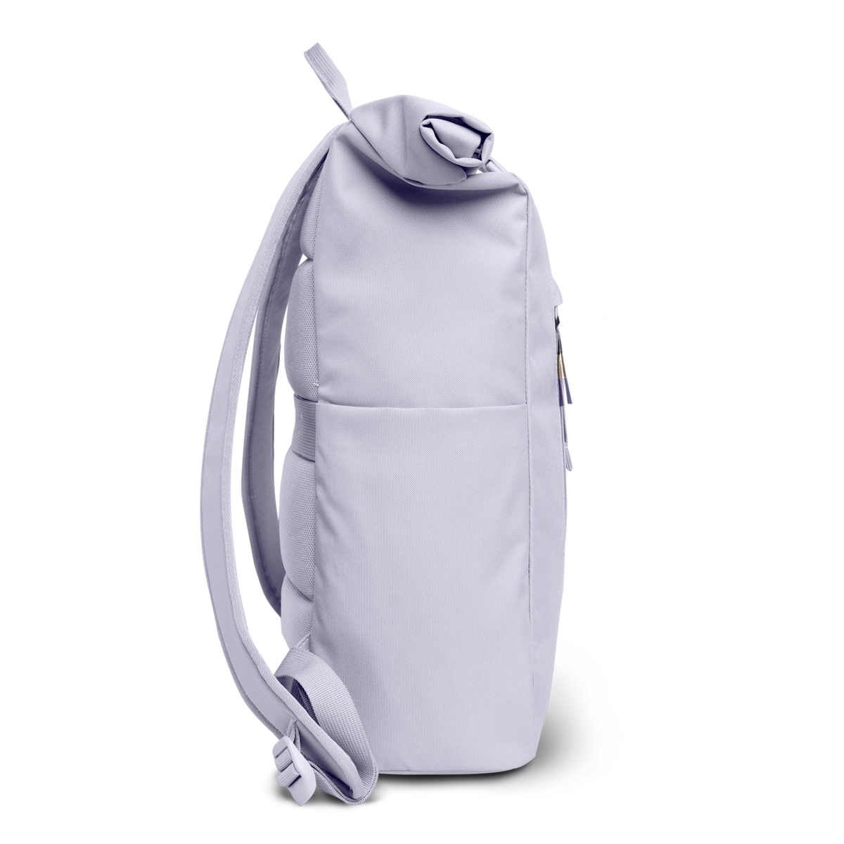 ROLLTOP EASY Rucksack in purple coral (pastellfarbenes helles Flieder) in Seitenansicht.