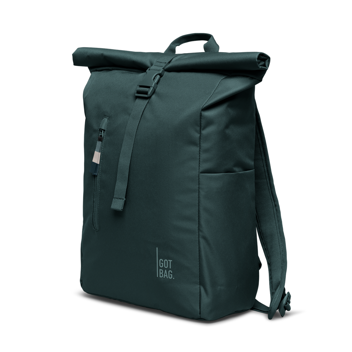 ROLLTOP EASY Monochrome Rucksack in sea teal (kühles Türkisgrün) in schräger Vorderansicht.