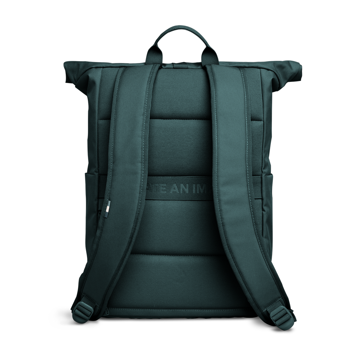 ROLLTOP EASY Monochrome Rucksack in sea teal (kühles Türkisgrün) in Rückansicht.