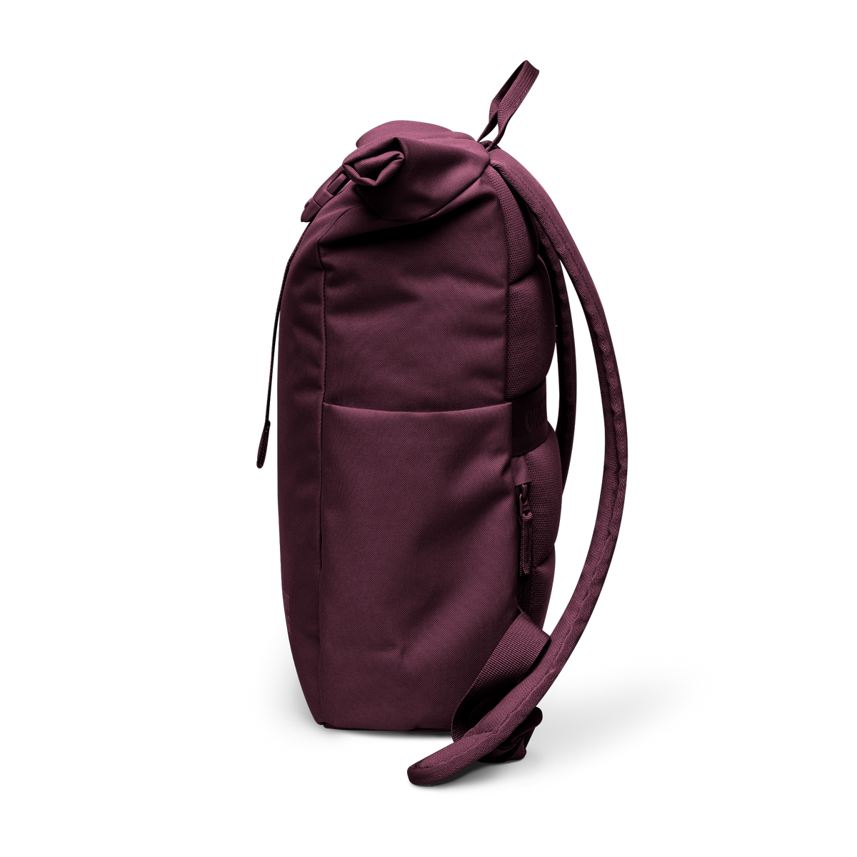 ROLLTOP EASY SMALL Monochrome Edition Rucksack in kraken (Weinrot) als Seitenansicht.