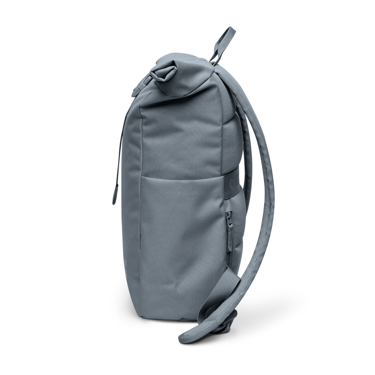 ROLLTOP EASY SMALL Rucksack in marlin (grau-blau) als Seitenansicht.