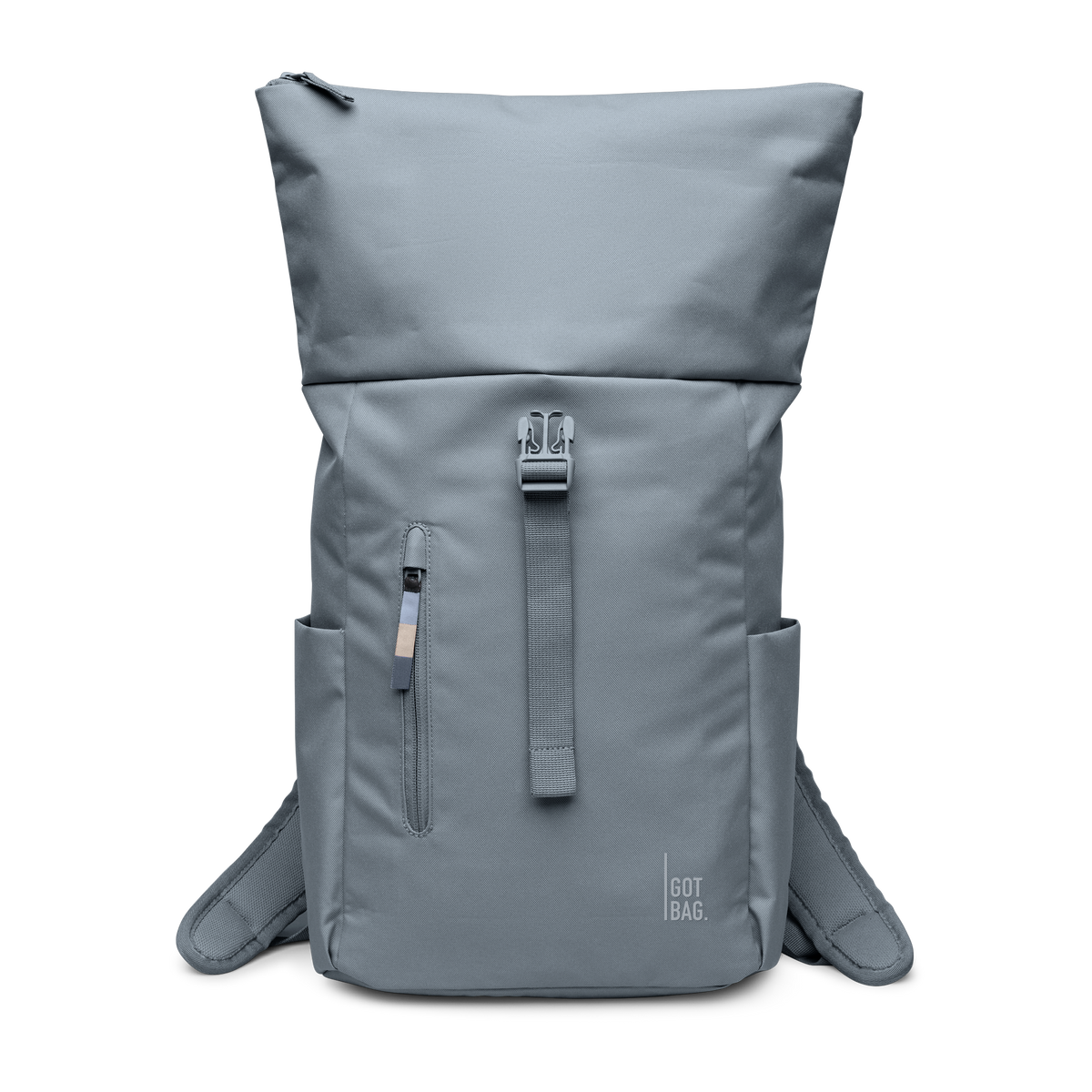 ROLLTOP EASY SMALL Monochrome Edition Rucksack in marlin (grau-blau) als Studioaufnahme in Frontansicht.