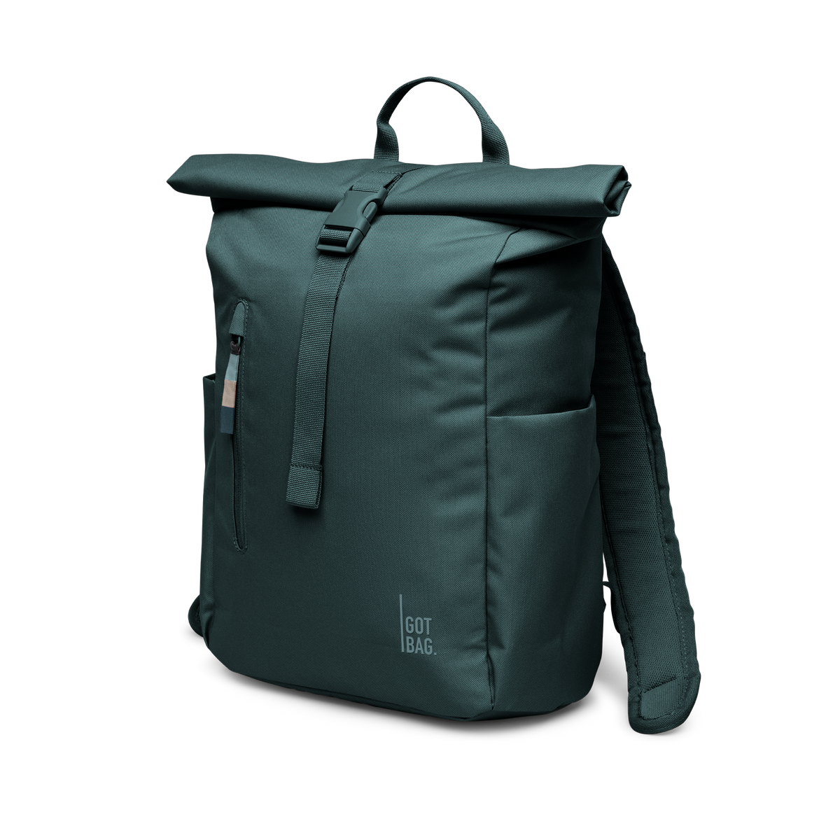 ROLLTOP EASY SMALL Rucksack in sea teal (kühles Türkisgrün) in diagonaler Ansicht.