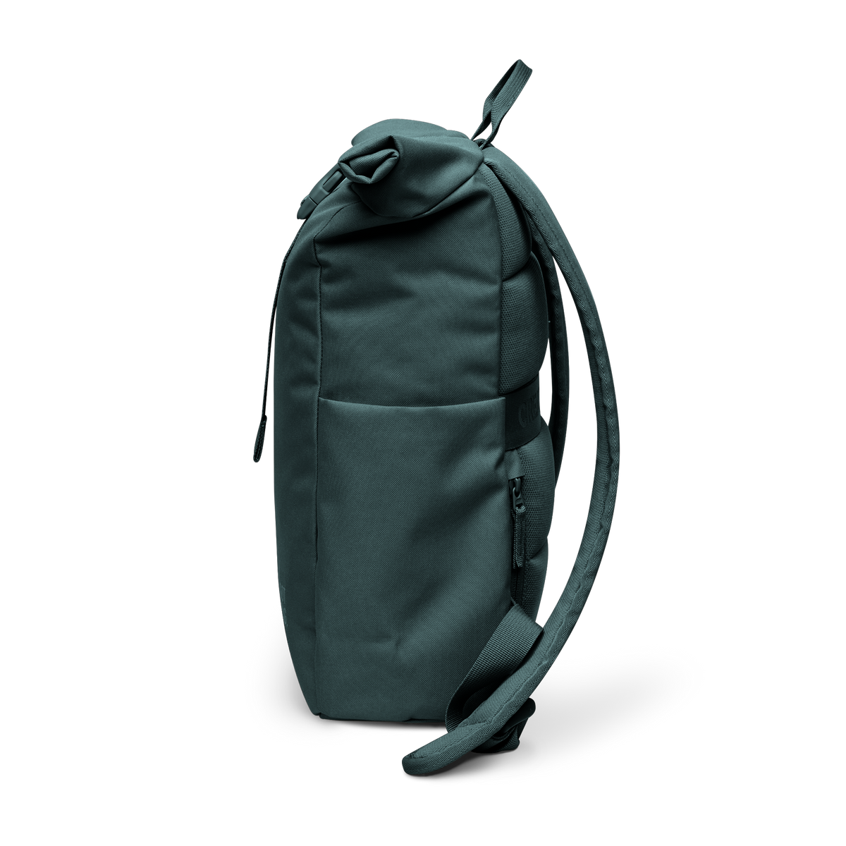 ROLLTOP EASY SMALL Rucksack in sea teal (kühles Türkisgrün) als Seitenansicht.