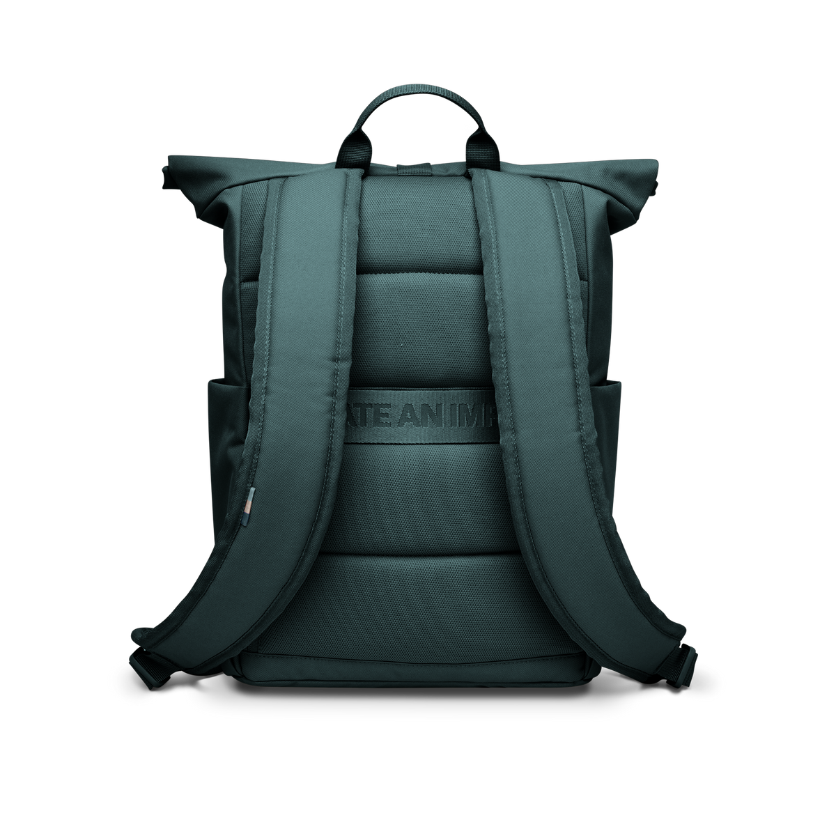 ROLLTOP EASY SMALL Rucksack in sea teal (kühles Türkisgrün) in Rückansicht.