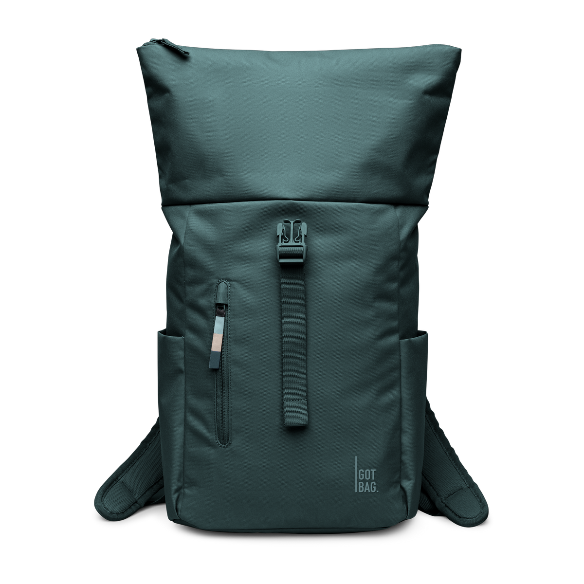 ROLLTOP EASY SMALL Rucksack in sea teal (kühles Türkisgrün) als Studioaufnahme in Frontansicht.