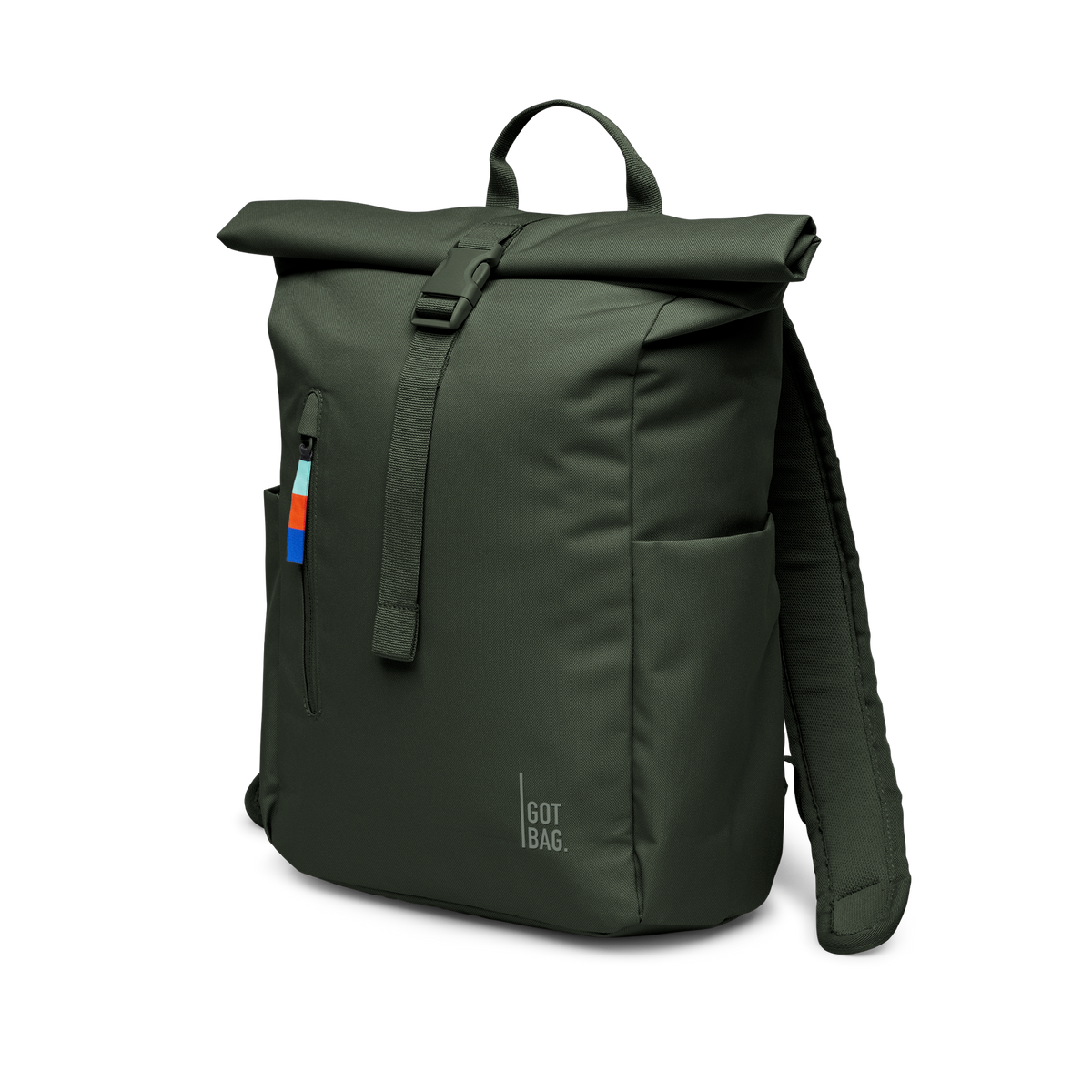 ROLLTOP EASY SMALL Rucksack in algae (Dunkelgrün mit Graustich) in diagonaler Ansicht.